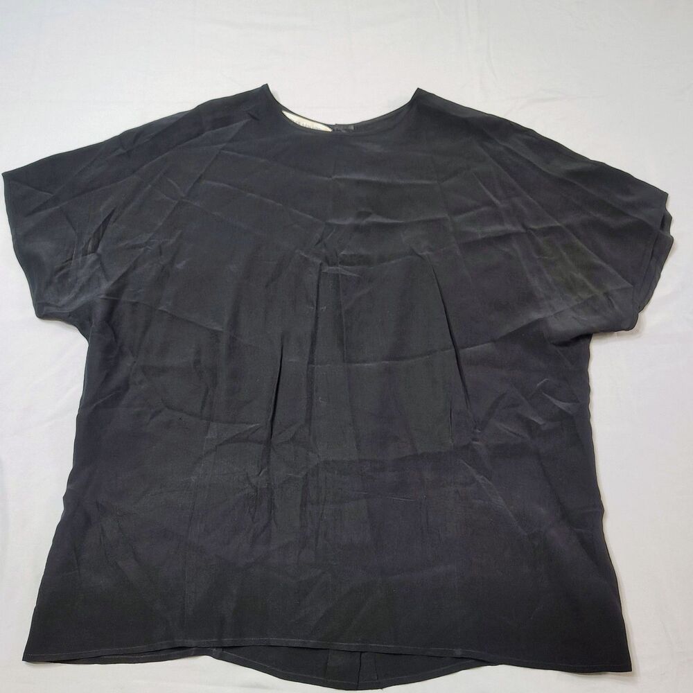 Vintage Jones New York Silk Navy Blue Short Sleeve Blouse Size 16 Button Back